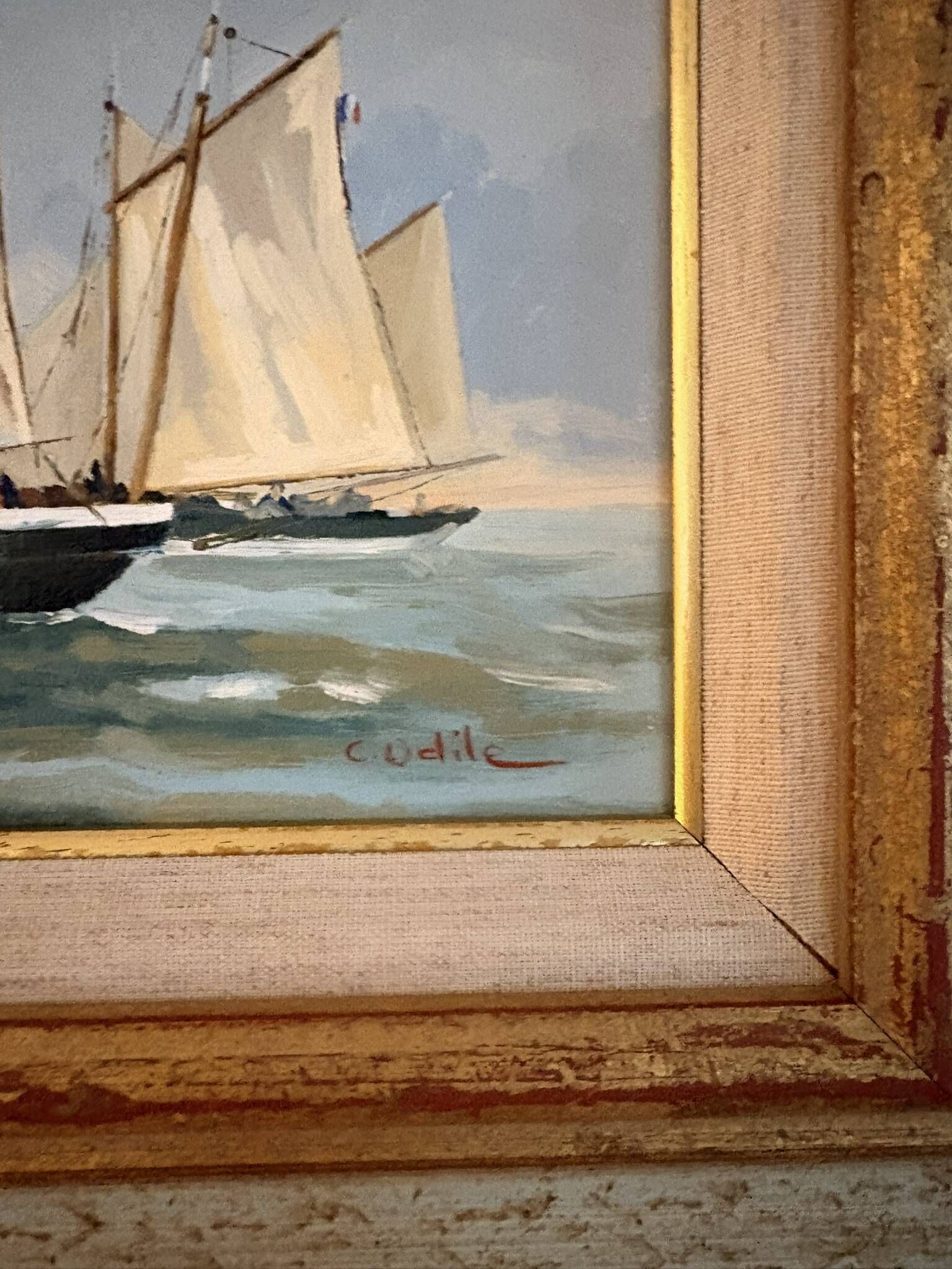 Old Oil Painting Marine Boat Signed Odile C Frigate