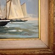 Old Oil Painting Marine Boat Signed Odile C Frigate