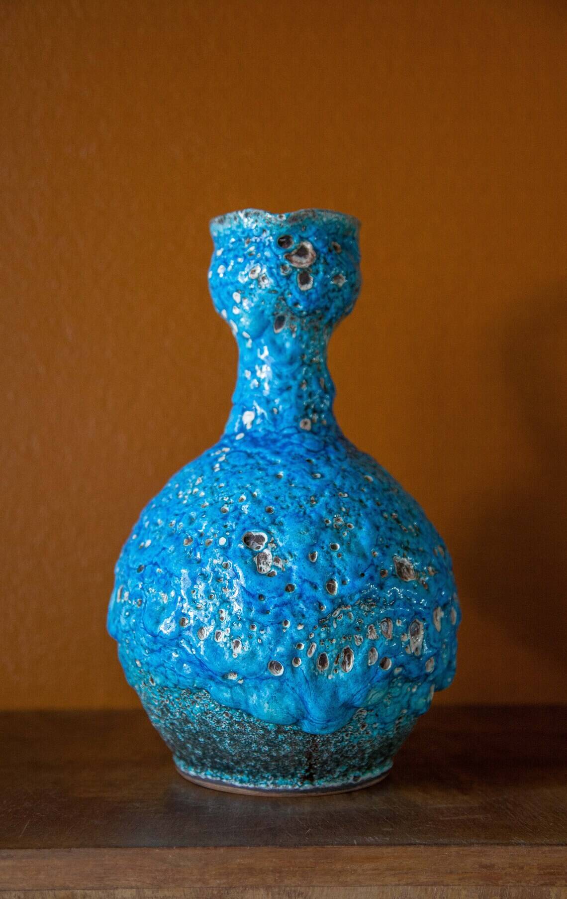 Fat Lava turquoise ceramic vase, ceramic pitcher, sea foam, blue crater vase, turquoise emaux