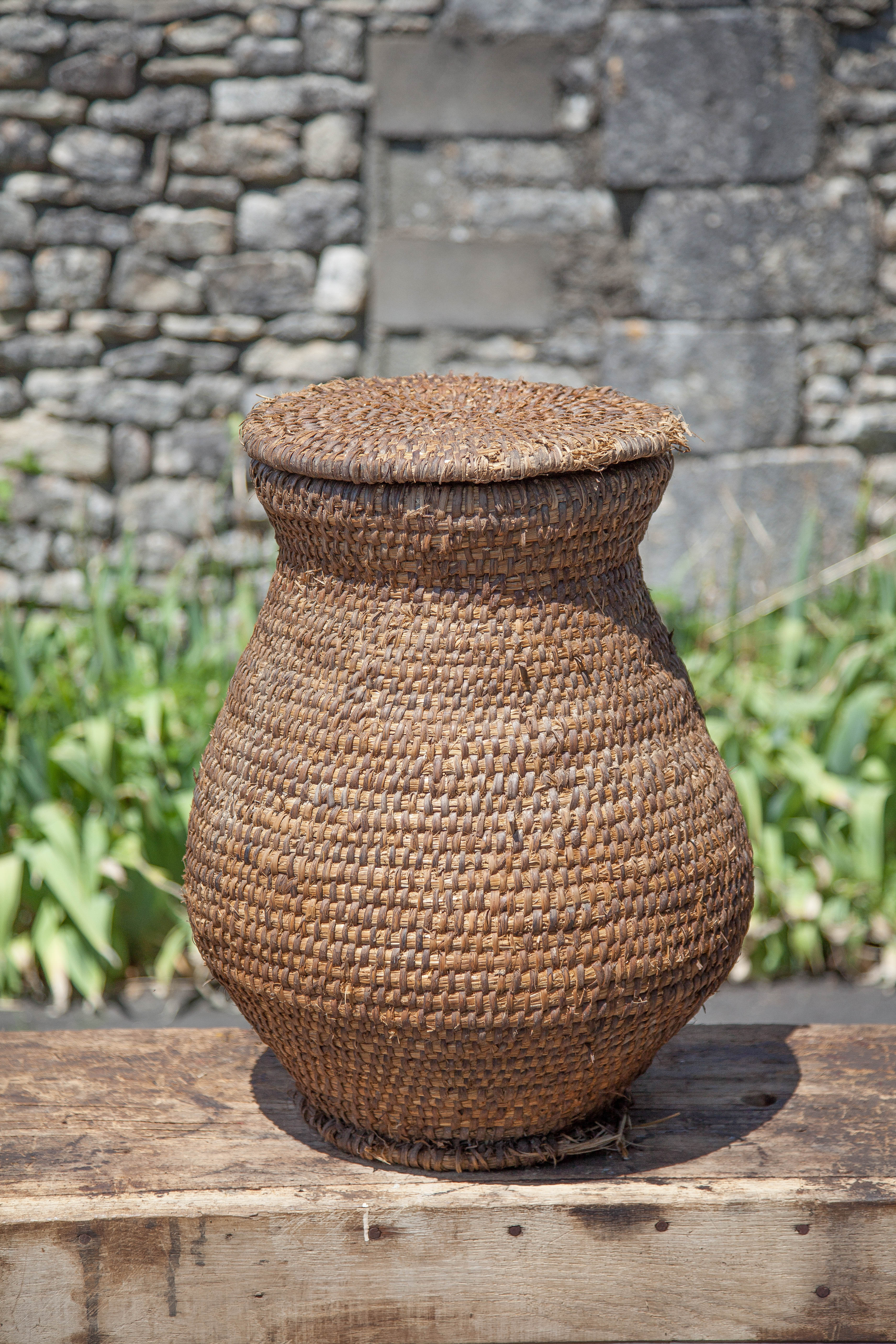 Old basket, burgundy straw and bramble with lid, woven basket