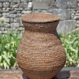 Old basket, burgundy straw and bramble with lid, woven basket