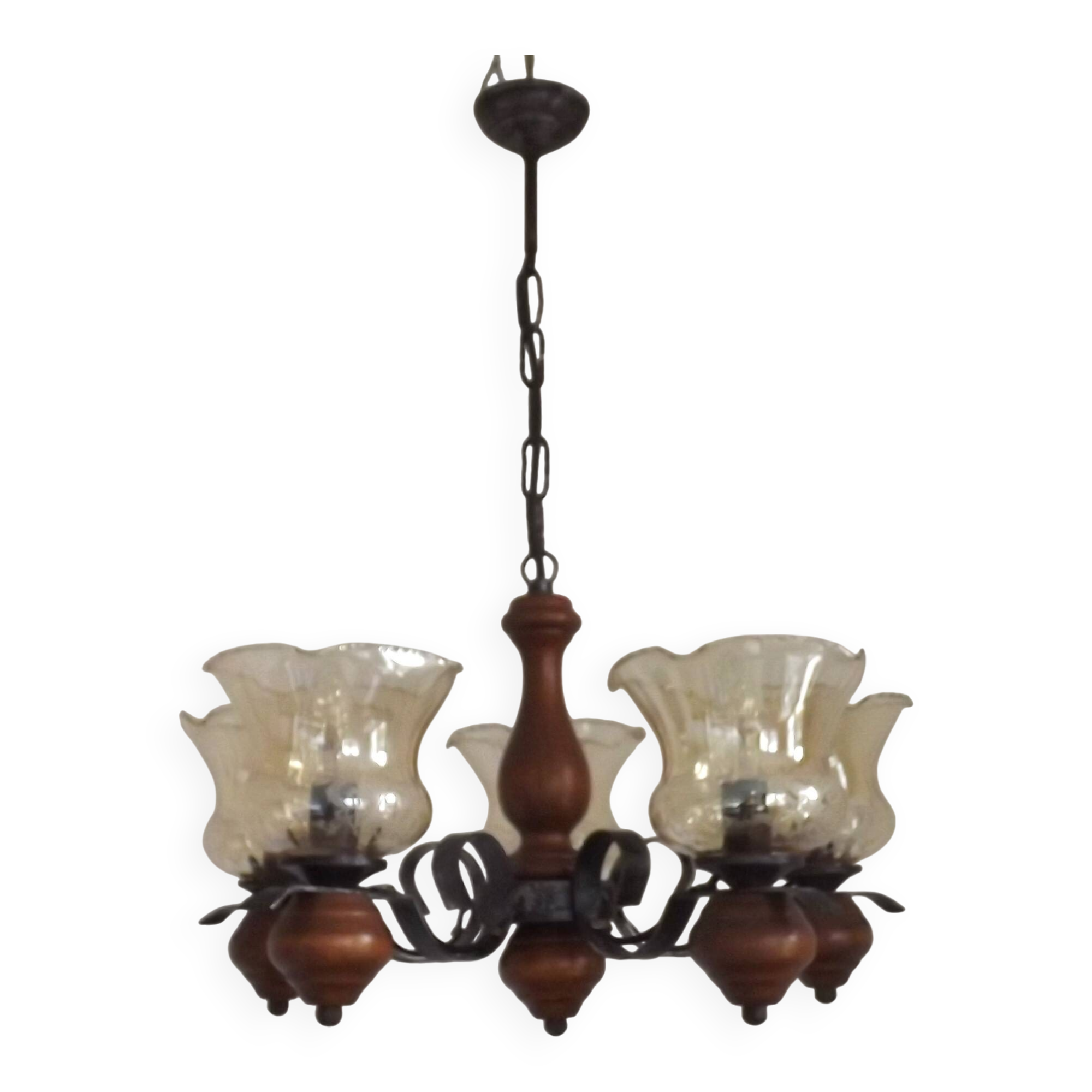 French 5 Light Mid Century Chandelier Wood Metal & Patterned Glass Shades