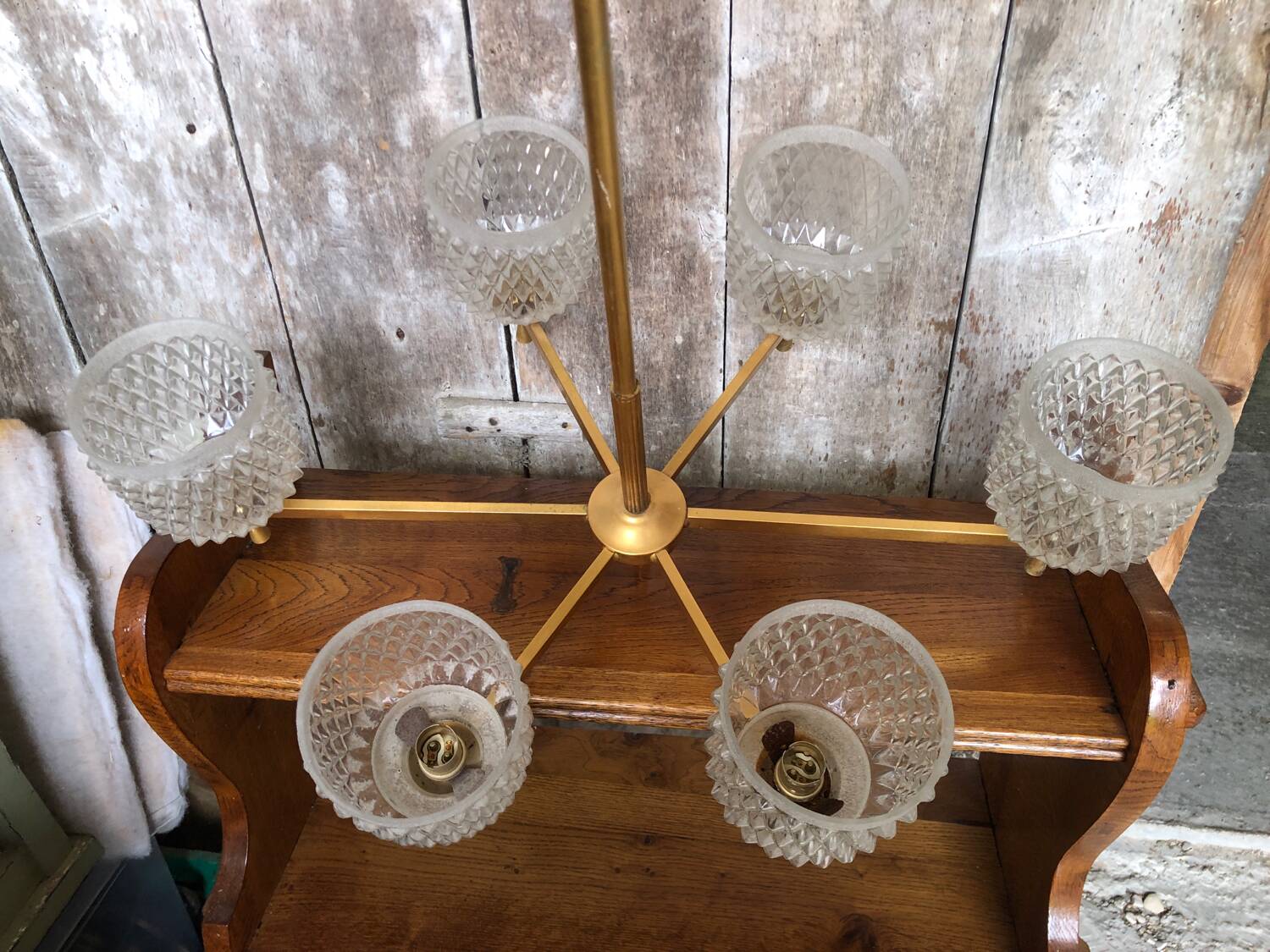 Old Chandelier 6 Lights Golden Metal + Molded Glass Reflector