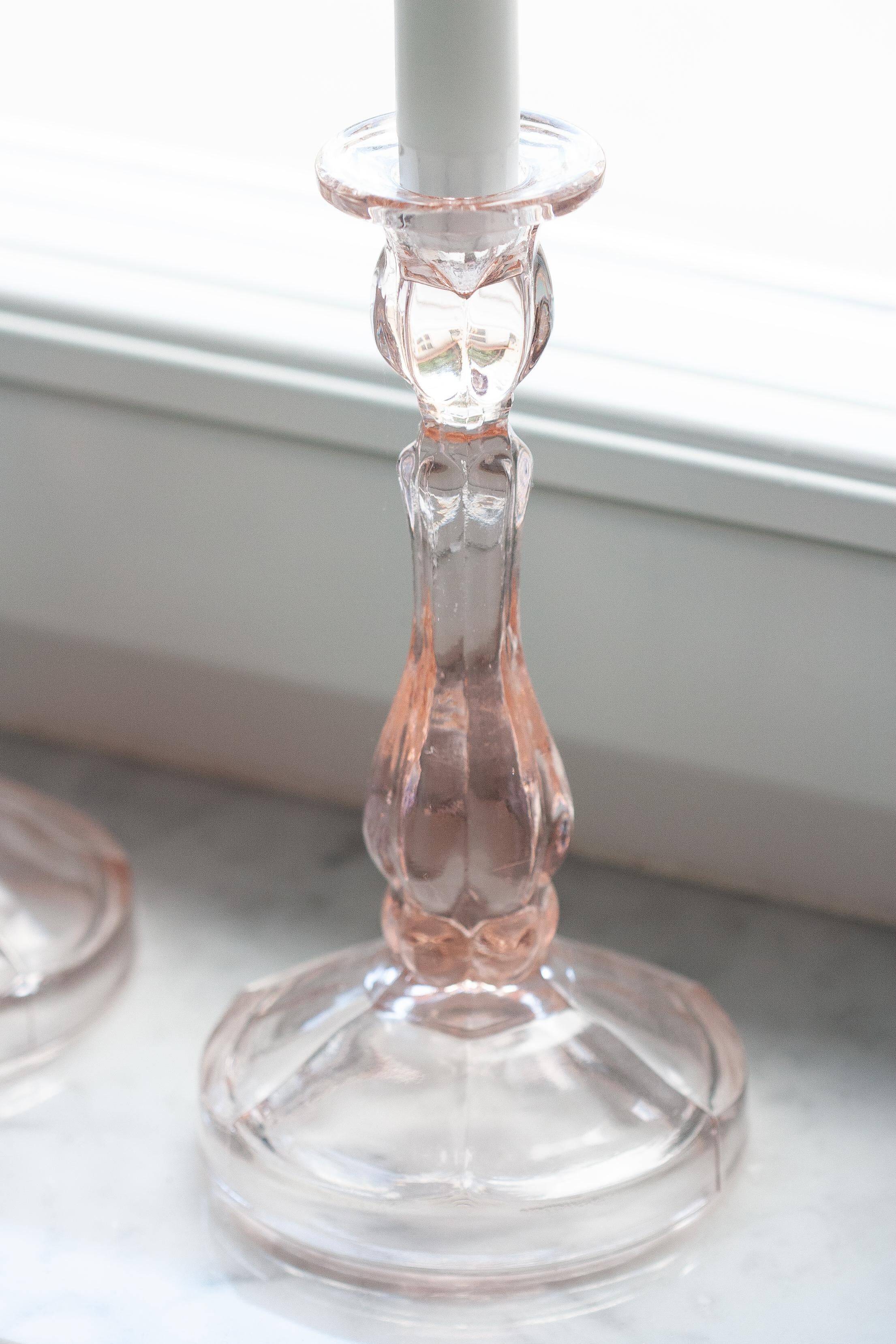 Set of two light pink glass candlesticks from the mid-century, Poland, 1960s.