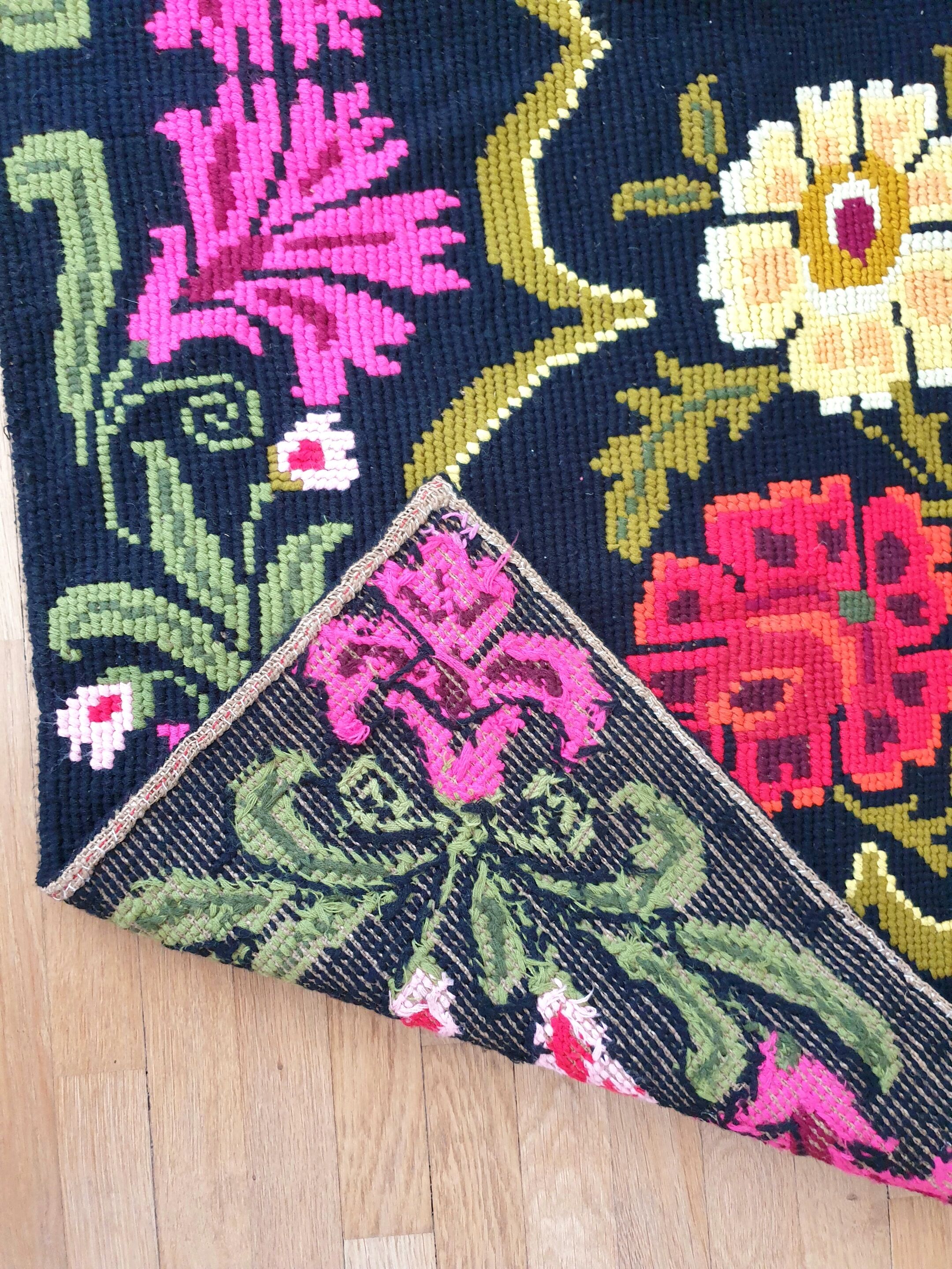 Cross stitch floral boho carpet made by hand on hemp, Romania 148x190cm