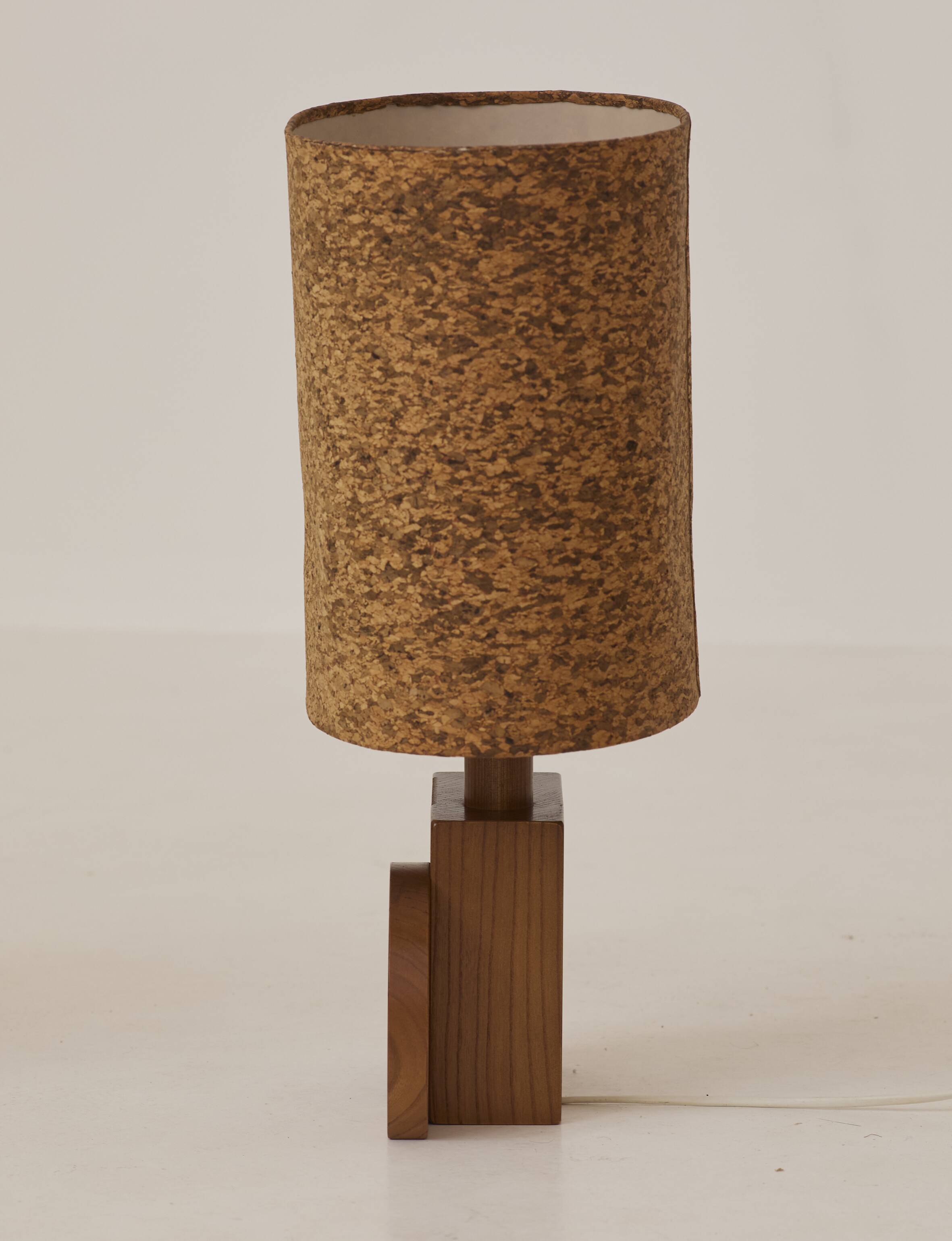 Pair of handcrafted lamps in solid oak with cork shades, circa 1970