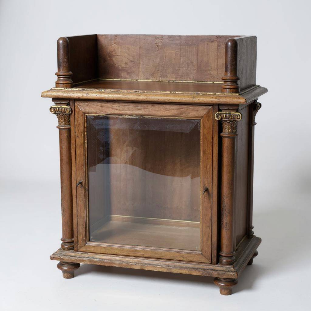 Glass-fronted walnut shelf