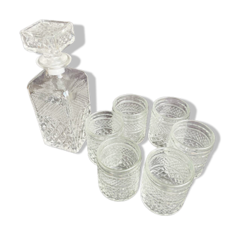 Carafe à whisky et 6 verres en verre ciselé, Italie