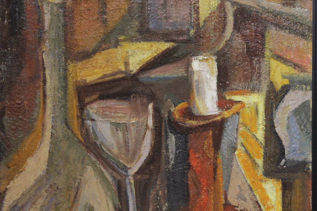 Nature morte cubiste signée - Huile sur panneau