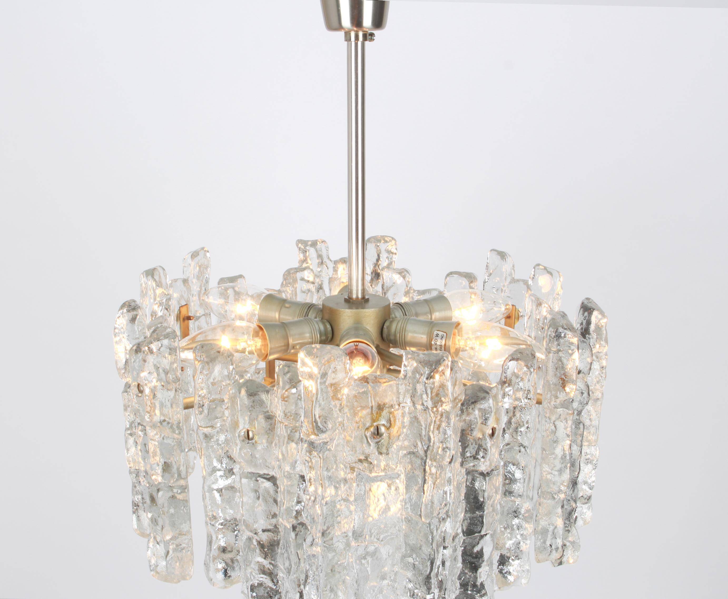 1 of 2 large ice glass chandeliers by Murano, Kalmar, Austria, 1960s
