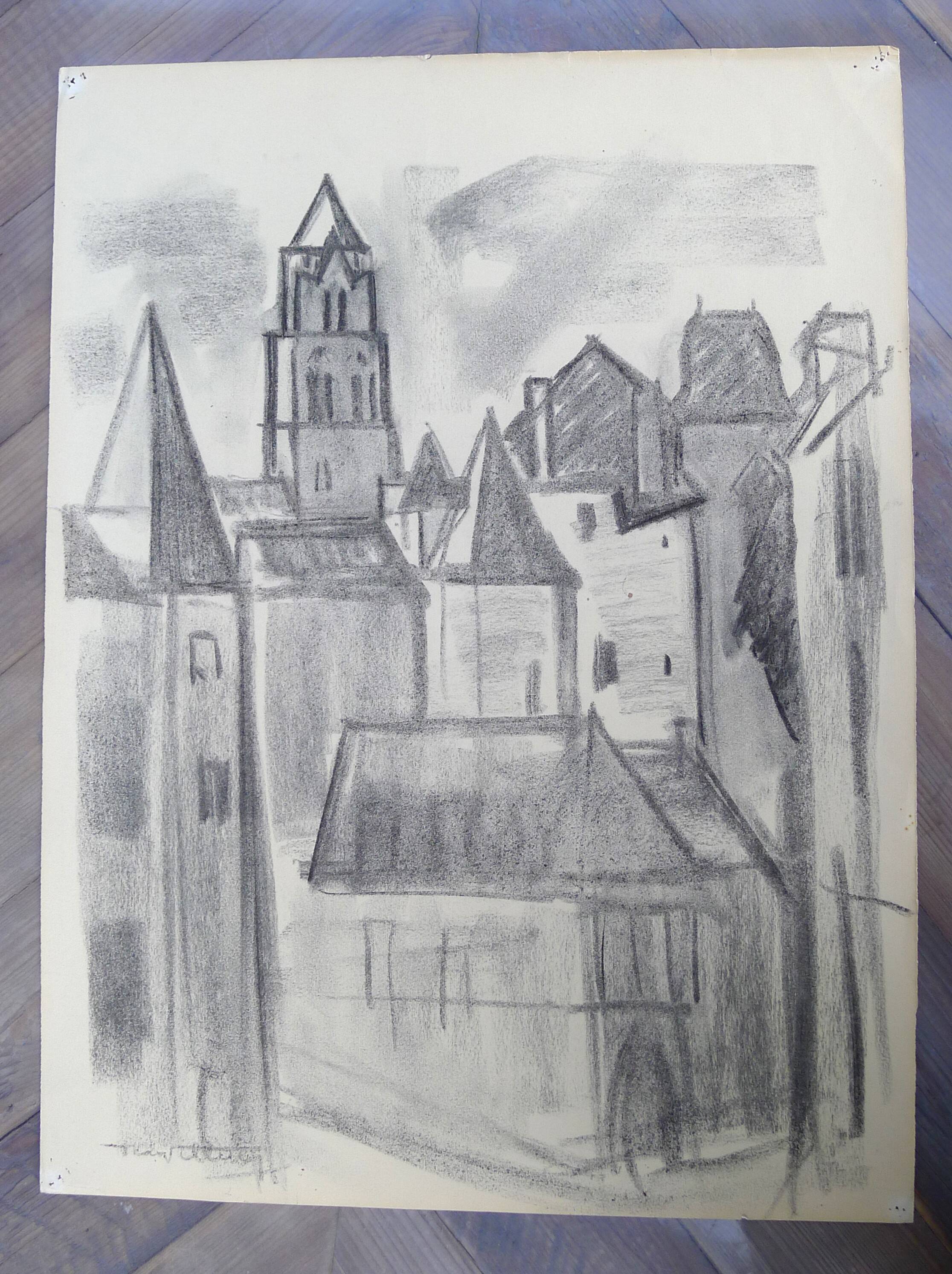 Uzerche, original charcoal drawing by Jean Villette (1913-2005)
