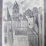 Uzerche, original charcoal drawing by Jean Villette (1913-2005)