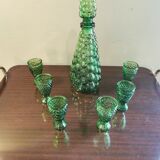Vintage green bubble decanter and its 6 glasses