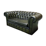 Chesterfield 2-seater green leather sofa from the 1980s