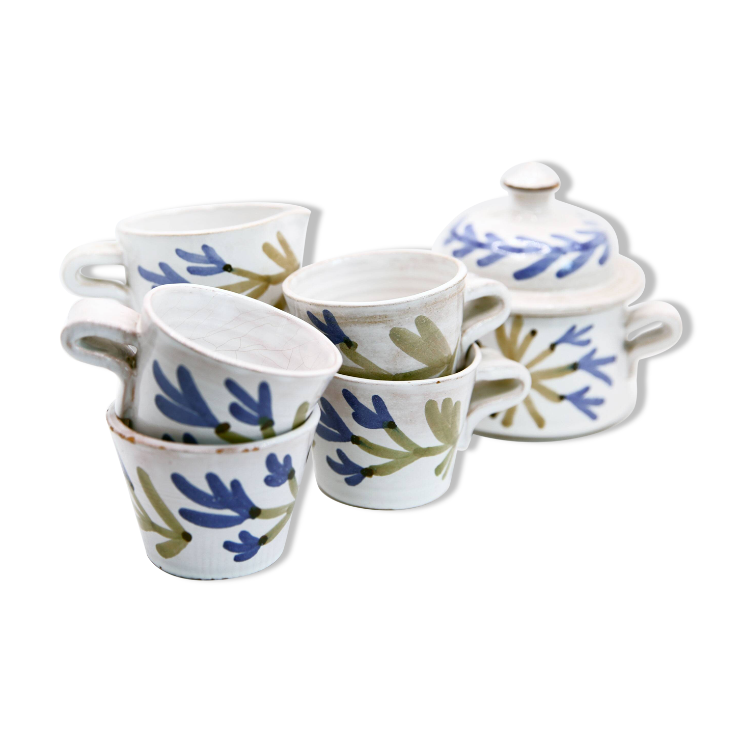 5 cups, 1 milk jug, 1 sugar bowl by Michel Barbier Vallauris