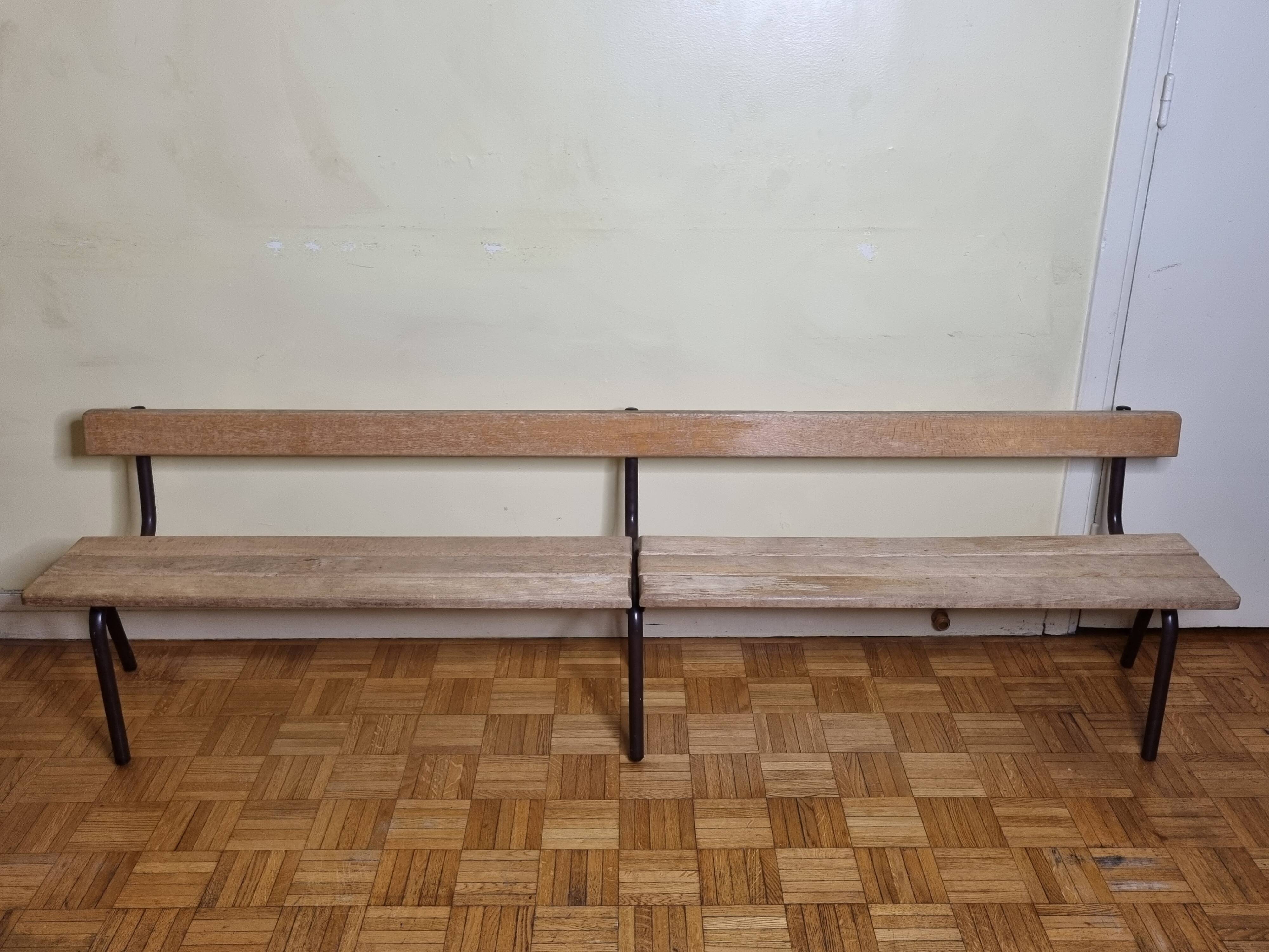 Vintage wooden and metal kindergarten bench, 2 m