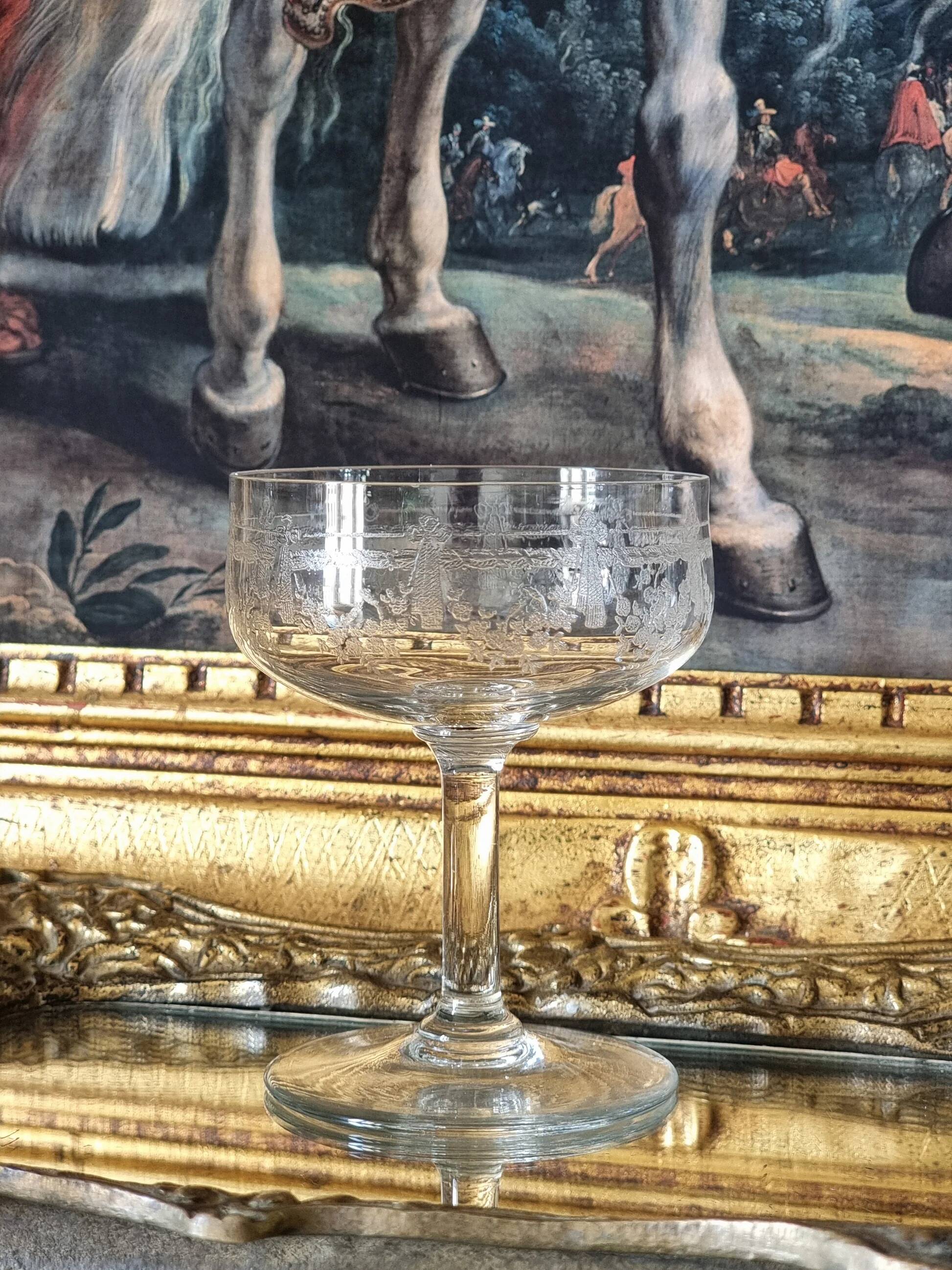 Engraved crystal champagne coupes
