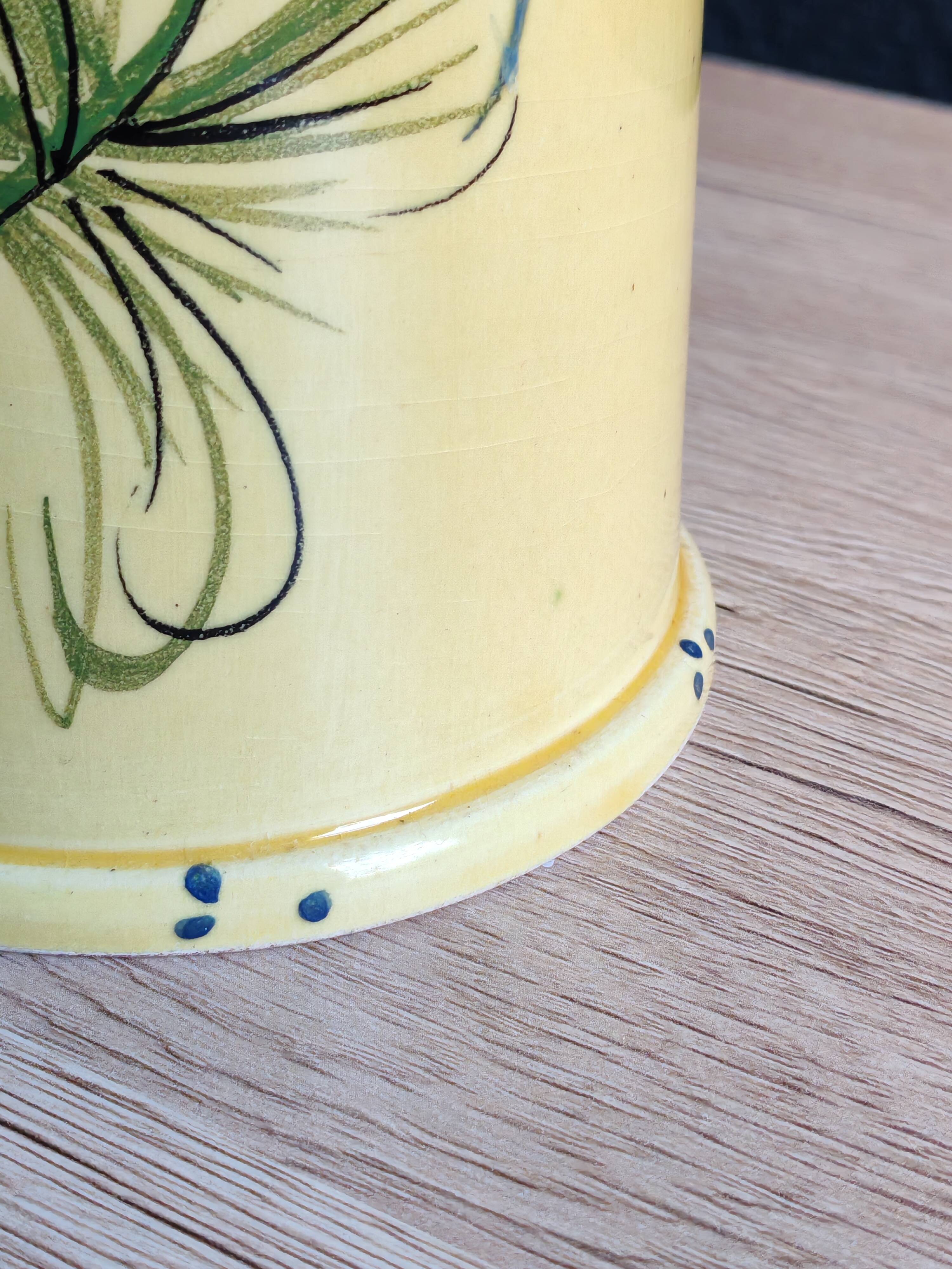 Vintage 1960s Vallauris Yellow Ceramic Vase, Blue Peacock Feather Decor