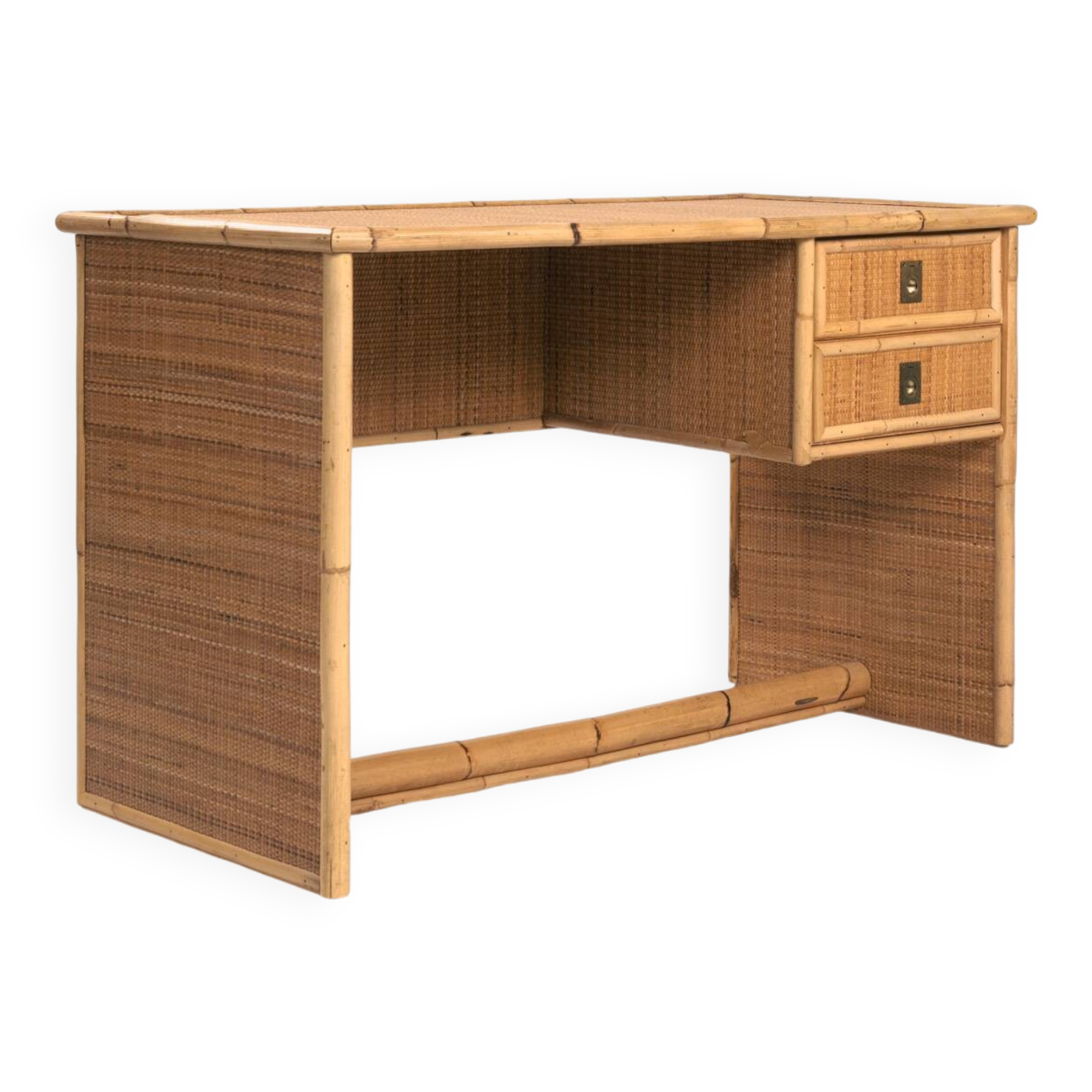Bureau en rotin tressé et bambou avec charnières en bronze, Italie, années 1960
