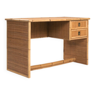 Bureau en rotin tressé et bambou avec charnières en bronze, Italie, années 1960