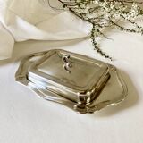 Old silver metal butter dish with fish lid