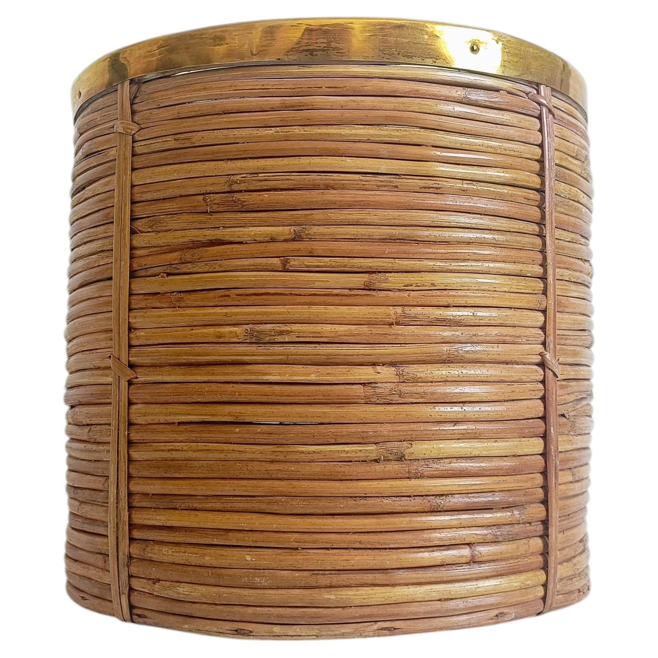Mid-Century Organic Modern Large Pencil Reed / Rattan Planter with Brass Rim
