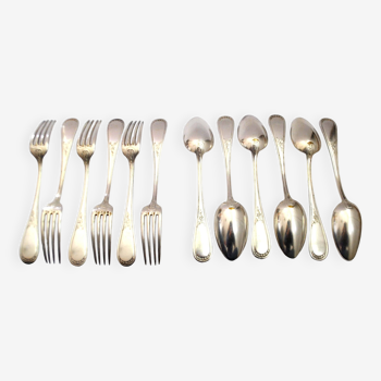 Set of 12 Table cutlery 6 c+6 f in vintage silver metal - Laurel garland 21.5cm
