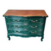 Jolie petite commode en Merisier restaurée en vert anglais avec plateau à motif damier en marqueterie complètement restaurée