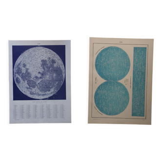 Lot de 2 lithographies originales sur le ciel et la lune