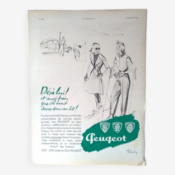 Une publicité papier  voiture Peugeot  illustration esquisse  skieuse  issue revue d'époque 1937
