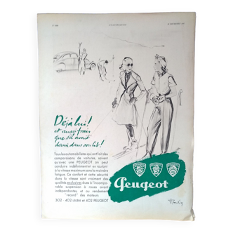 Une publicité papier  voiture Peugeot  illustration esquisse  skieuse  issue revue d'époque 1937