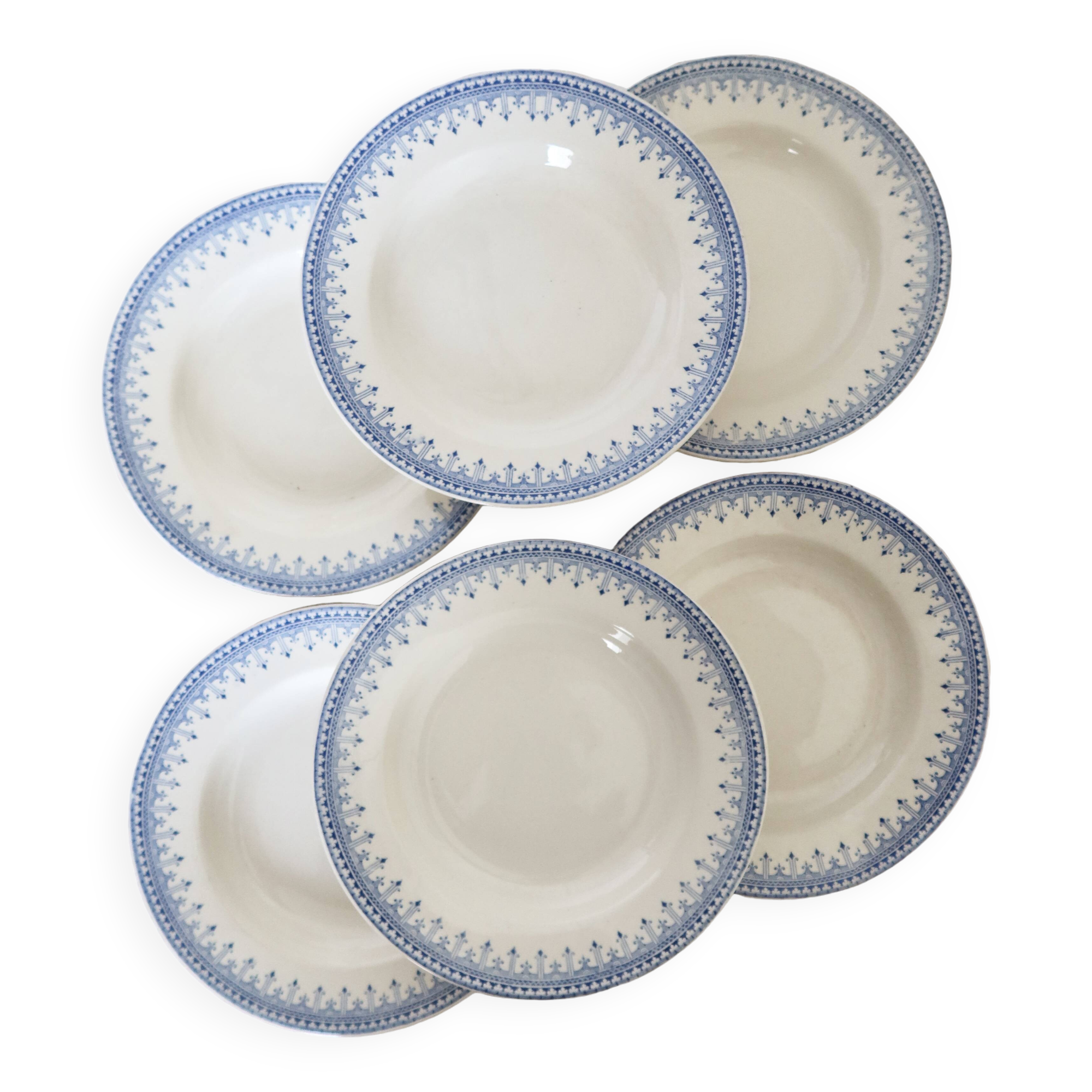 6 vintage Belgian earthenware soup plates with blue marli pattern