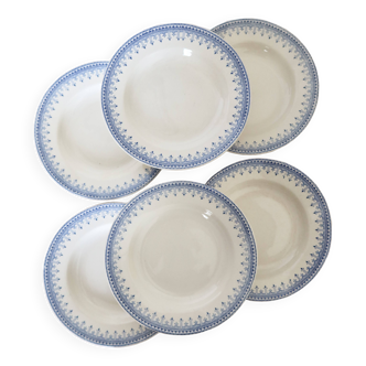 6 assiettes creuses vintage faience belge motif marli bleu
