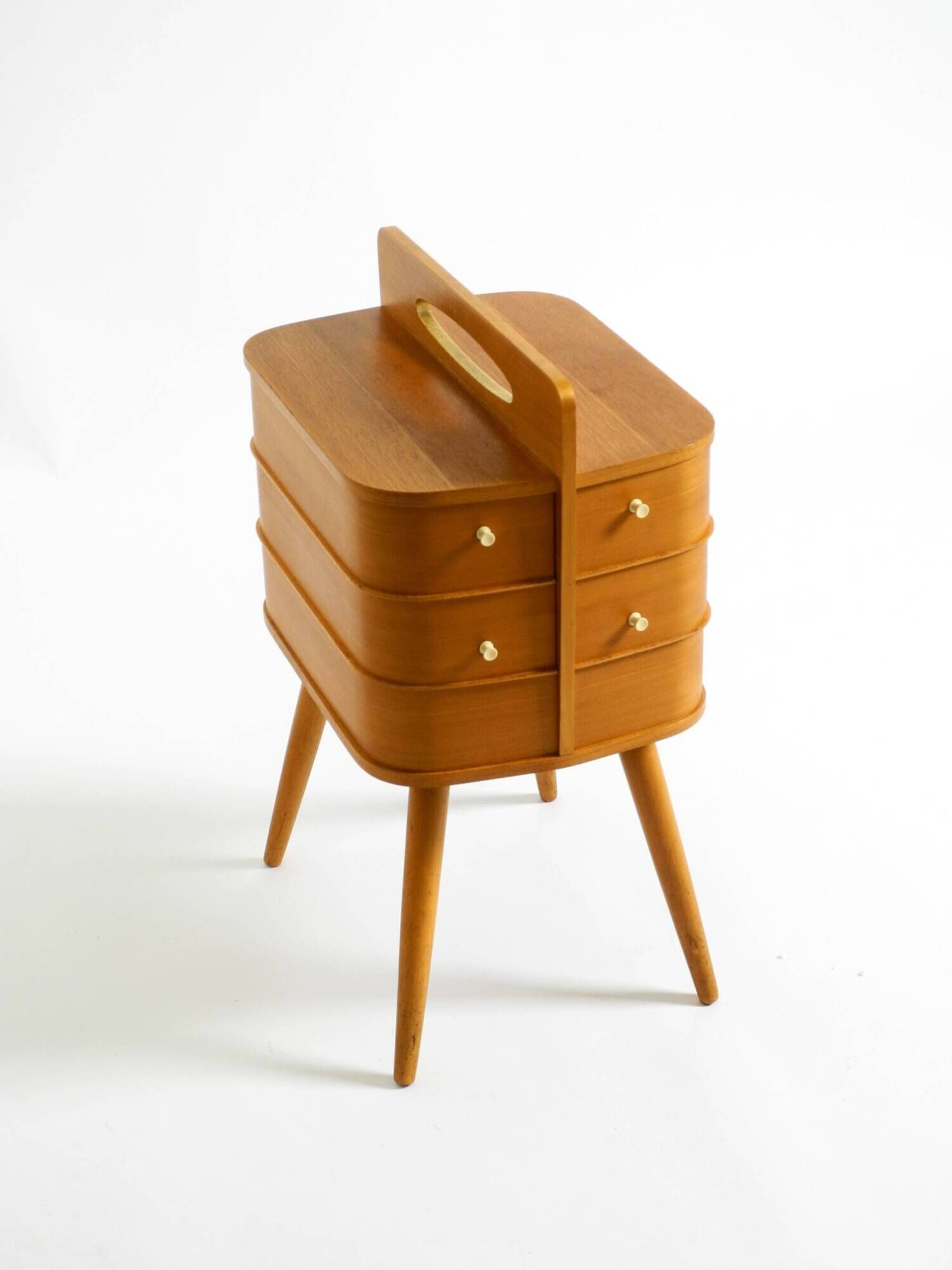 Beautiful original Mid Century teak sewing box with hinged compartments