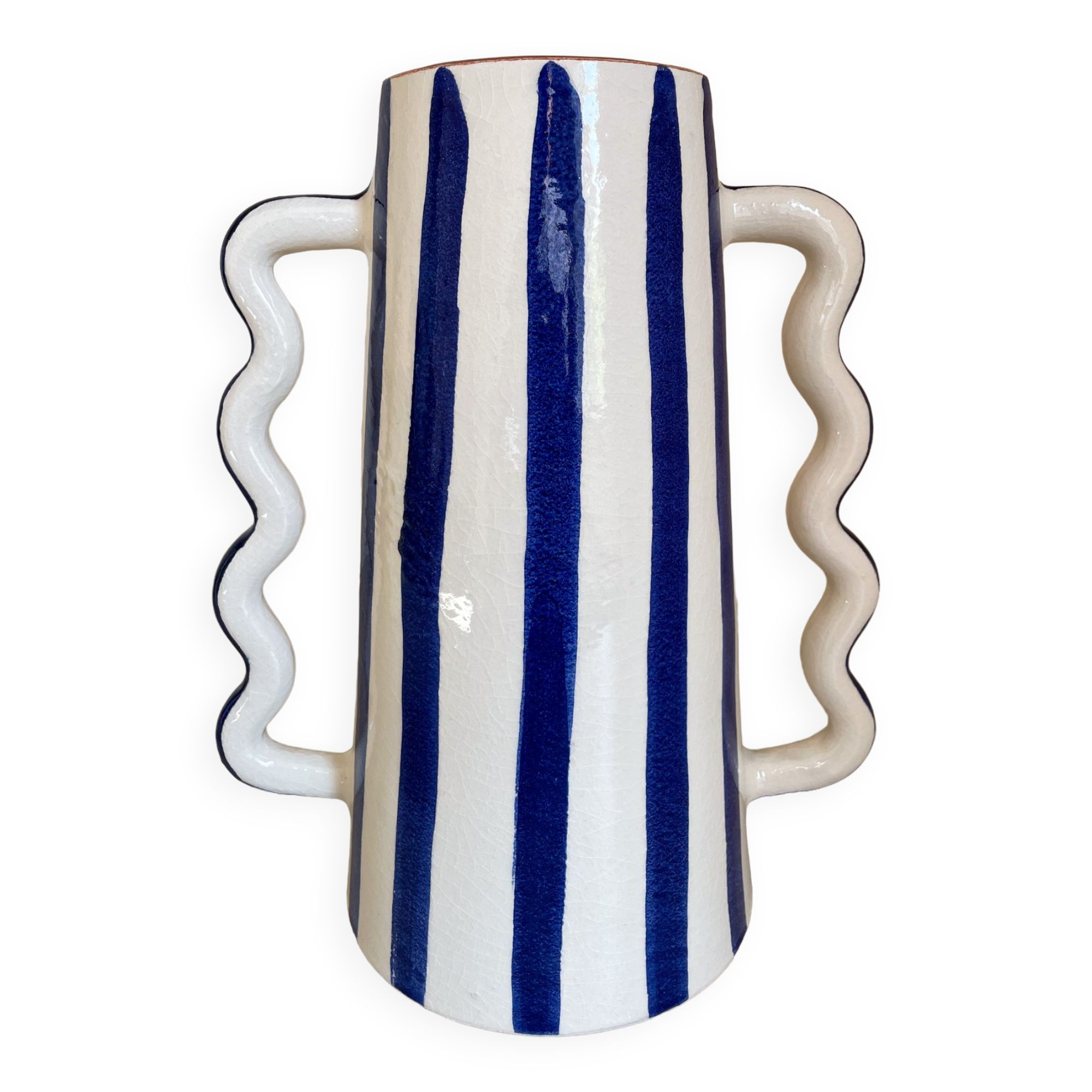 Klein blue and white striped ceramic vase with abstract handmade wavy handles