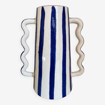 Klein blue and white striped ceramic vase with abstract handmade wavy handles