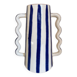 Klein blue and white striped ceramic vase with abstract handmade wavy handles