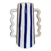 Klein blue and white striped ceramic vase with abstract handmade wavy handles