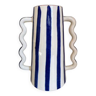 Klein blue and white striped ceramic vase with abstract handmade wavy handles