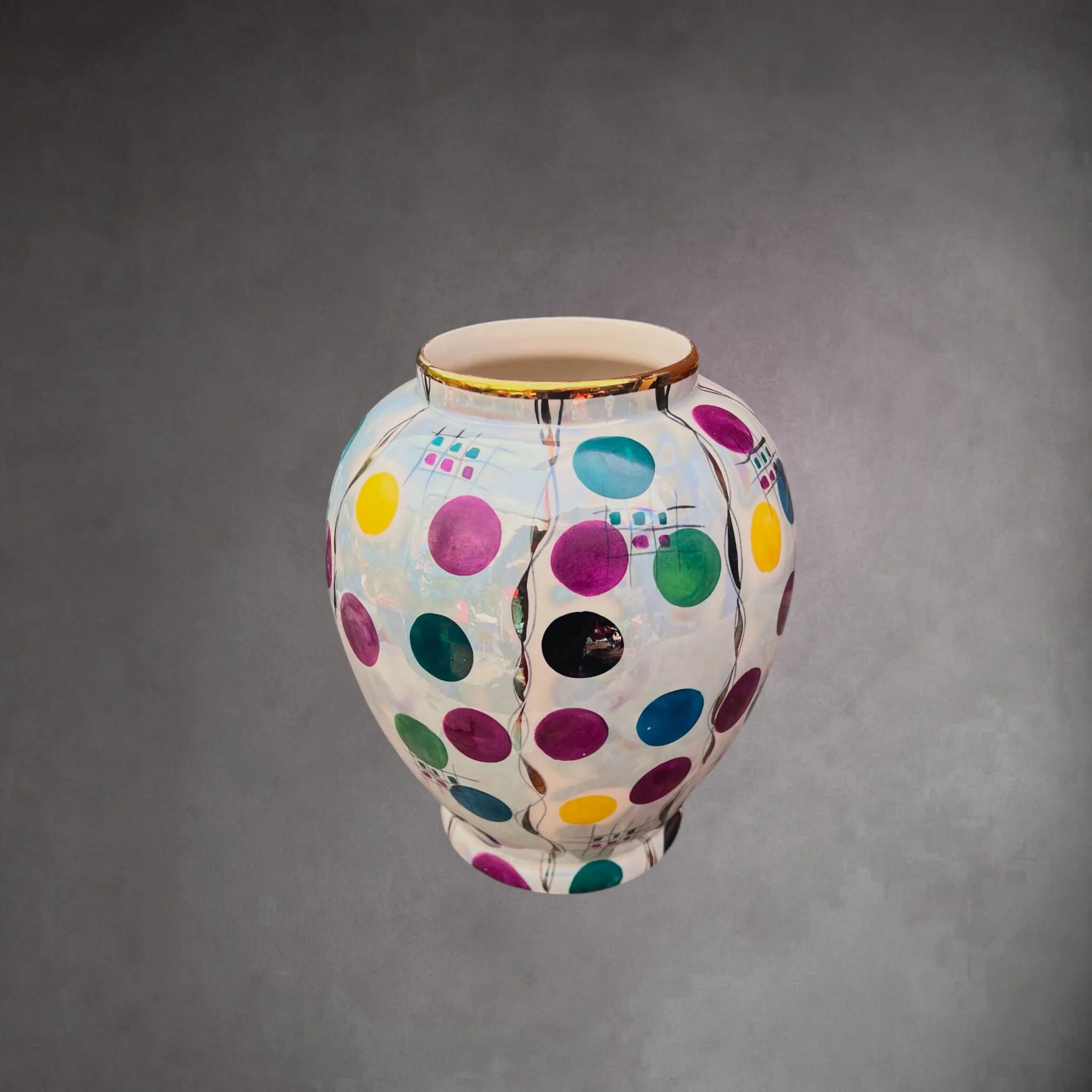 Vase Hubert Bequet Quaregnon en Faïence Nacrée Décor Confetti - Années 50-60