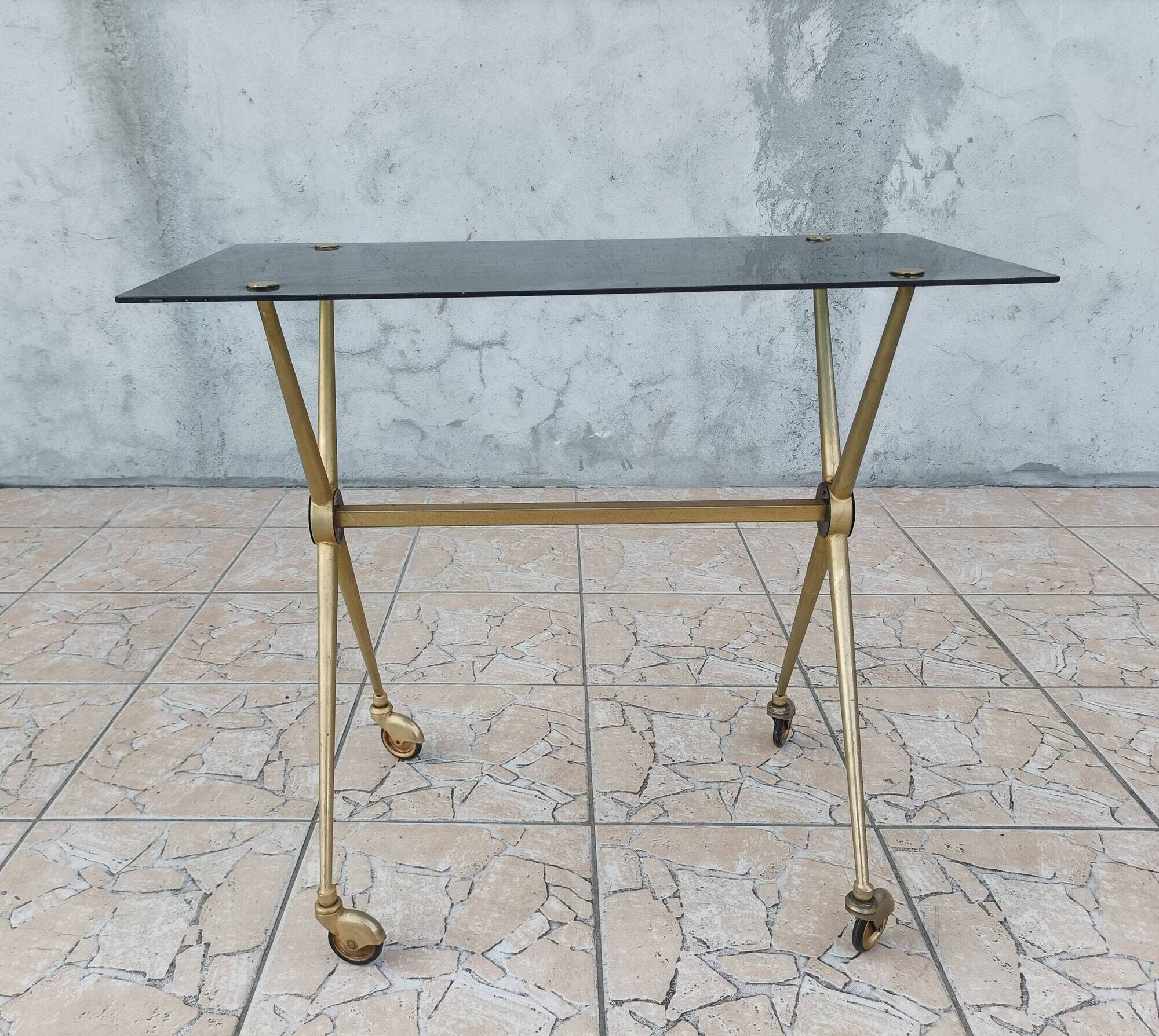 Vintage dessert trolley in brass and smoked glass 1960