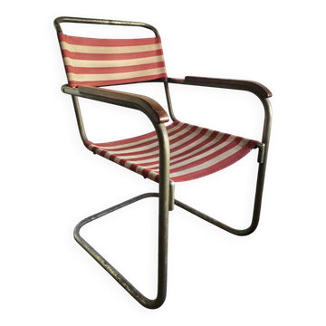 Fauteuil Bauhaus B34 de Marcel Breuer, vers 1930, tapisserie rayée originale.