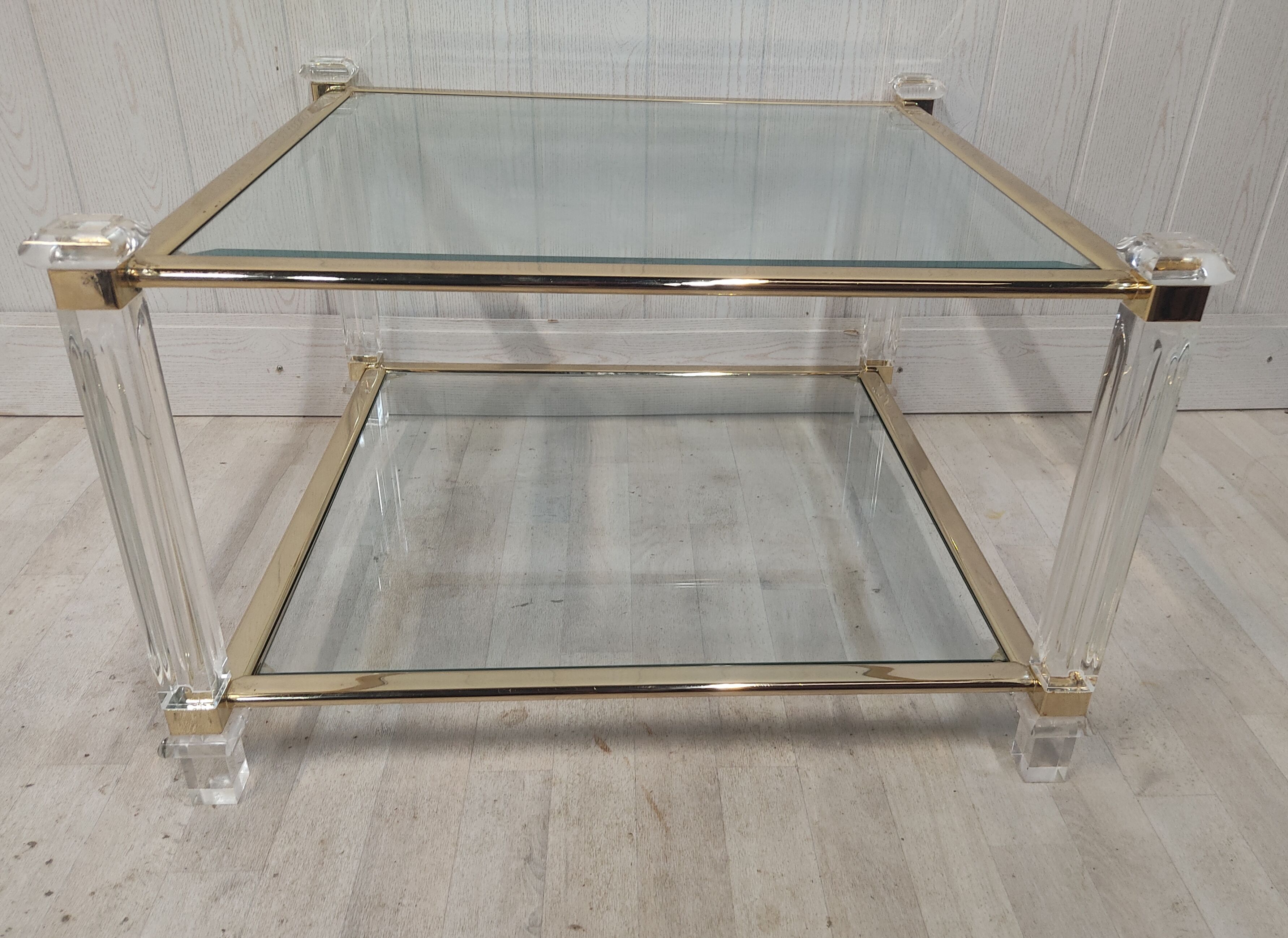 Brass coffee table, beveled glass and altuglas