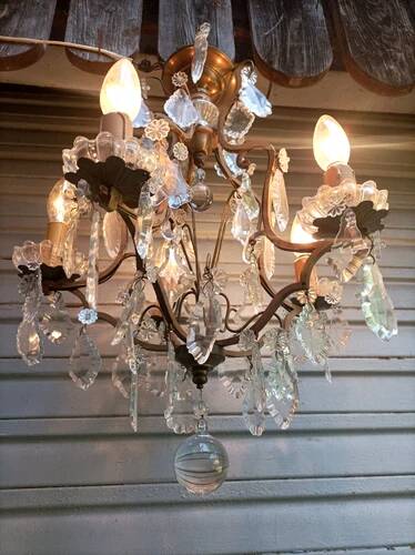 Rare antique brass and crystal cage chandelier with 5 lights from the 20th century - CONDITION OF THE MARKET GAU?