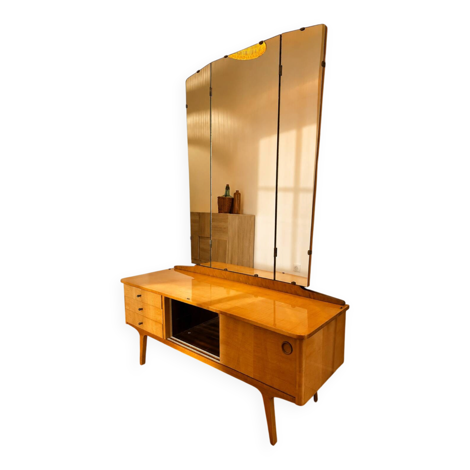 Coiffeuse vintage - mid century années 50 en sycomore ondé miroir triptyque
