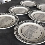 Set of 6 antique plates in fine earthenware with printed decoration of grisailles and poems