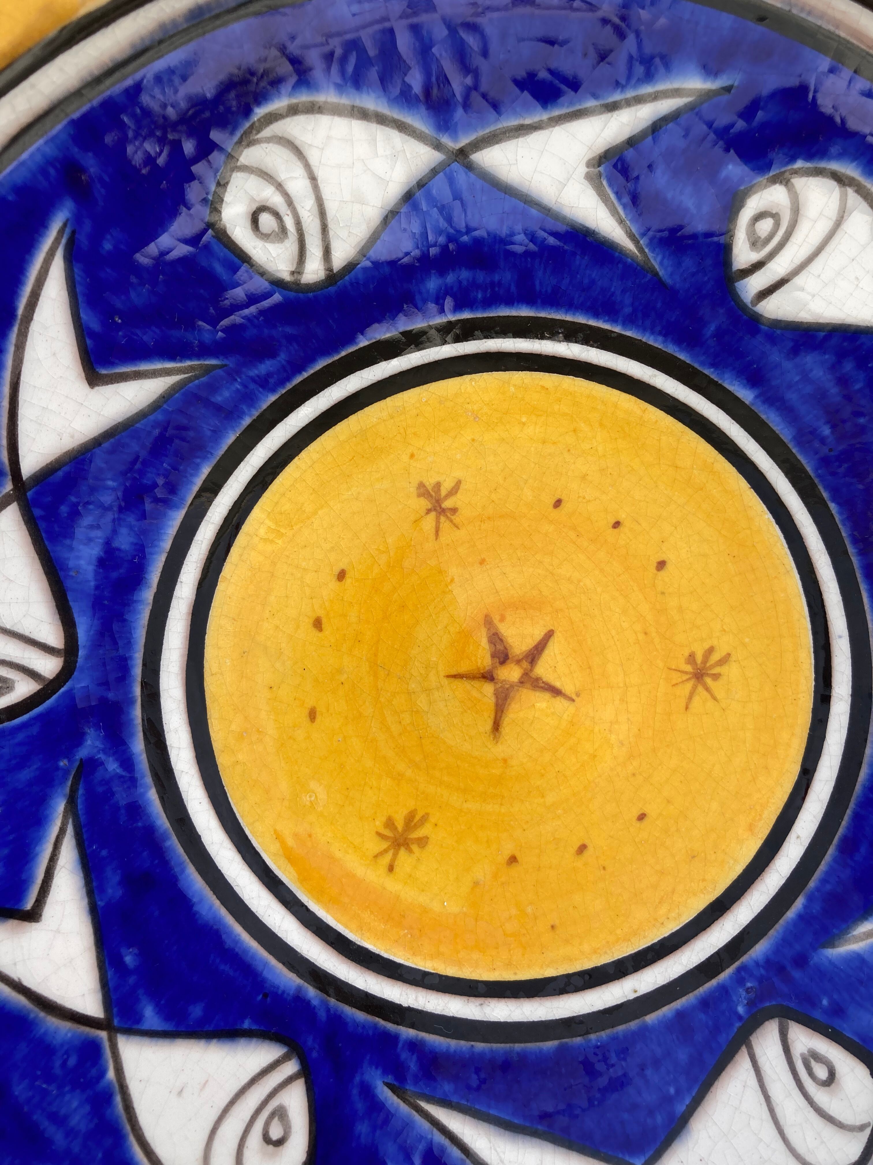 Pair of dishes Safi Dmani ethnic ceramic fish yellow and blue - vintage pottery