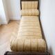 Classic meridian in wood and beige fabric with yellow stripes.