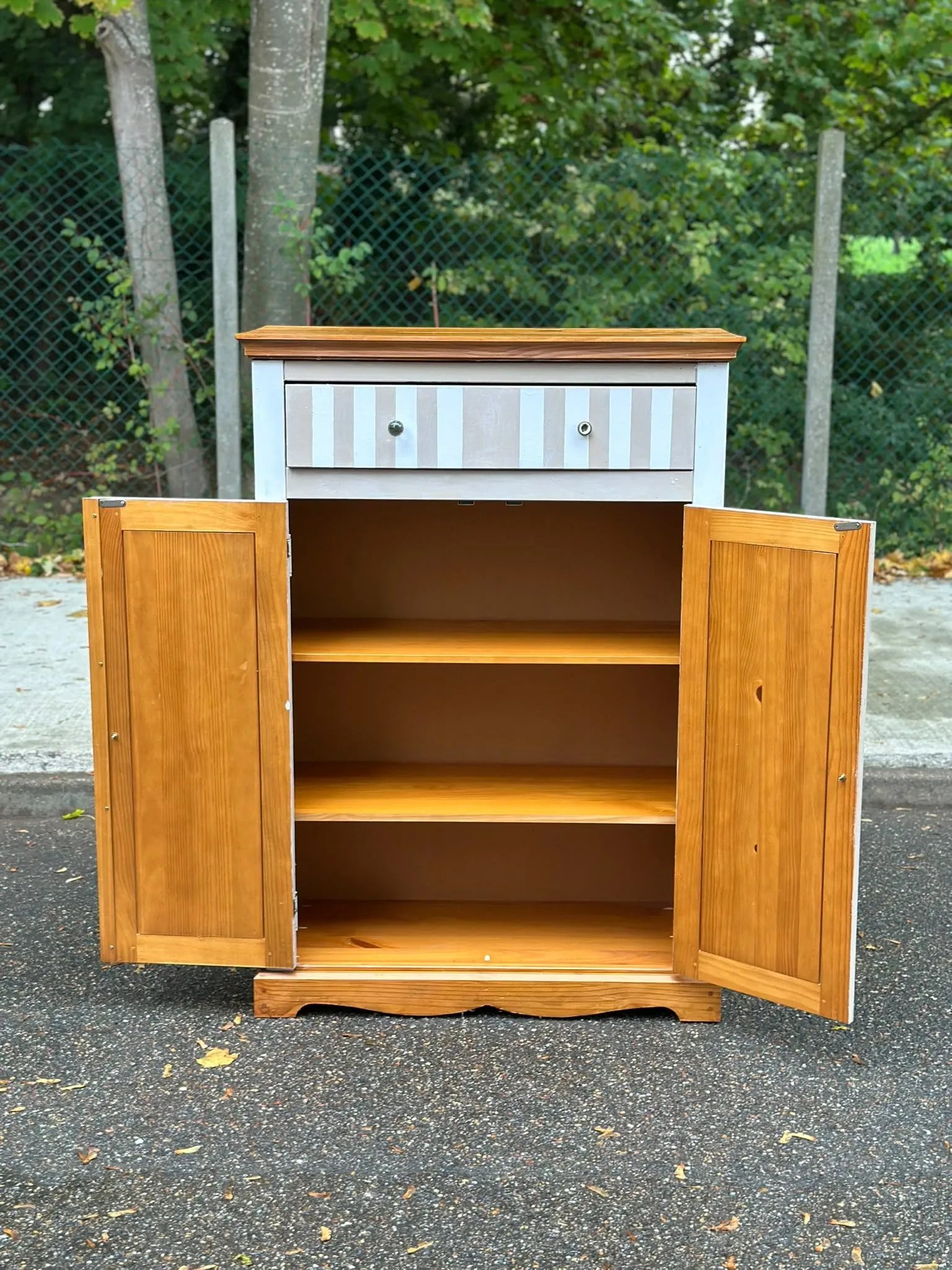 Shabby chic wardrobe sideboard — Striped pattern & solid wood 1990