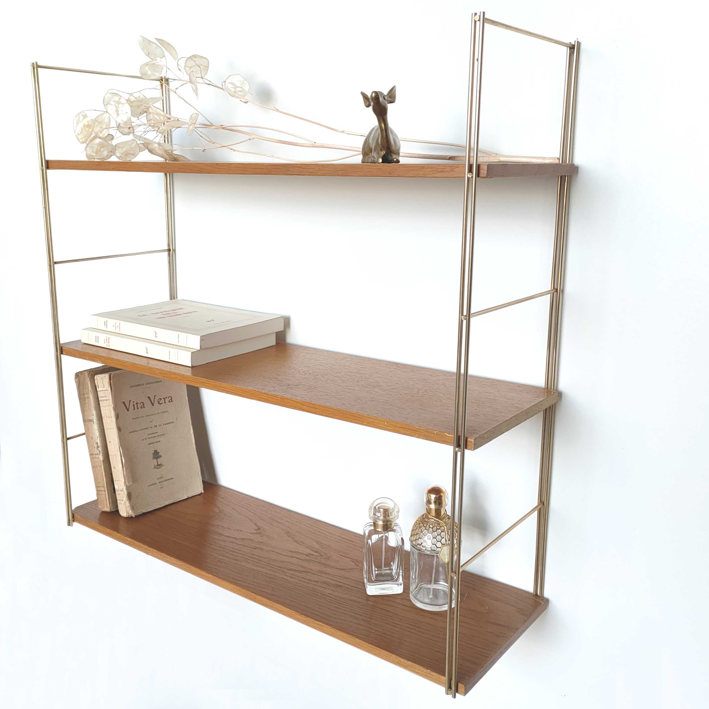 Vintage wall shelf gold metal and wood